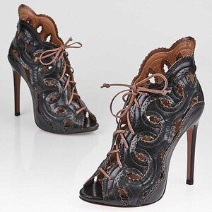 Alaïa Black Leather Laser-Cut Open Toe Booties Size 4.5/35